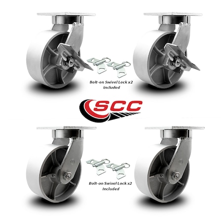 Service Caster 8 Inch Extra Heavy Duty Semi Steel Cast Iron Caster Swivel Locks 2 Brakes, 4PK SCC-KP92S830-SSR-SLB-BSL-2-BSL-2
